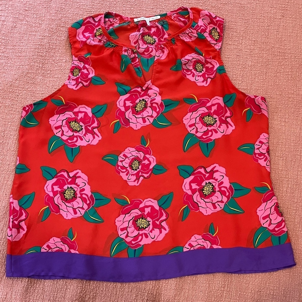 Violet & Claire XL Red Floral Blouse with Purple Trim